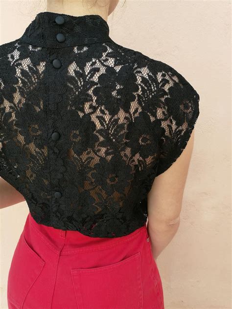 Vintage Lace Top Button Back Lace Top Black Lace Blouse Etsy Black