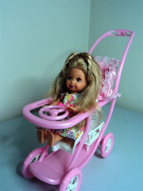 Mattel BARBIE Baby Babe KELLY Doll In Stroller Pram Has Steering Wheel Tray Mattel Barbie