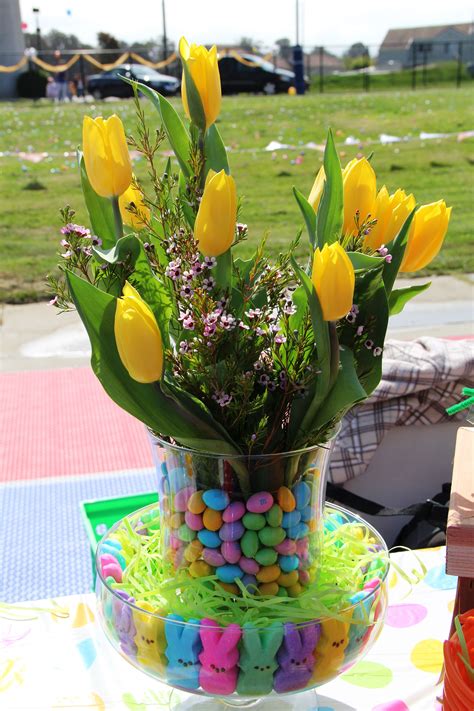 Easter Centerpiece ~peeps Mandms And Tulips~ Easter Centerpieces Peeps