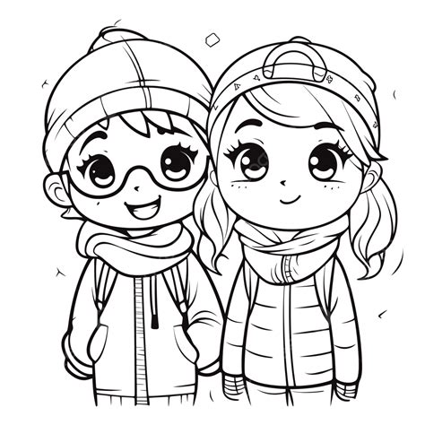 Cartoon Pair Of Young Friends Outline Sketch Drawing Vector Cool