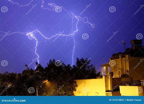 Dangerous Storm Of Lightning And Lightning In The Clouds That Touch The Ground Stock Image
