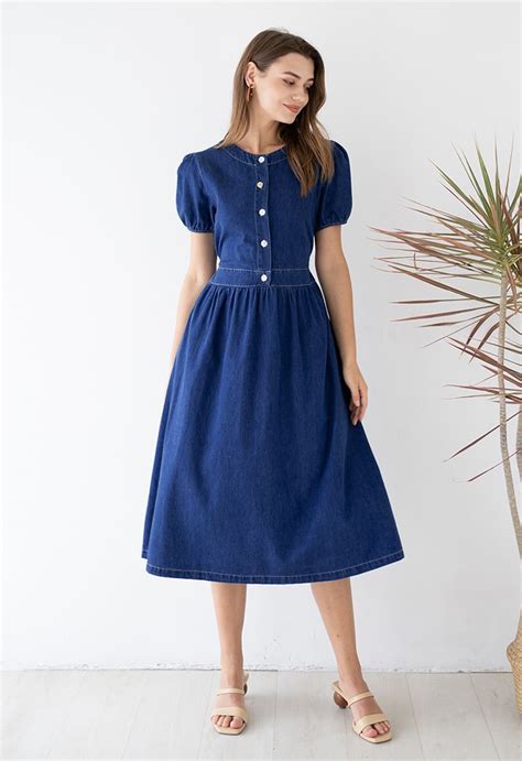 Short Sleeve Buttons Front Denim Dress In Navy In 2022 Denim Dress