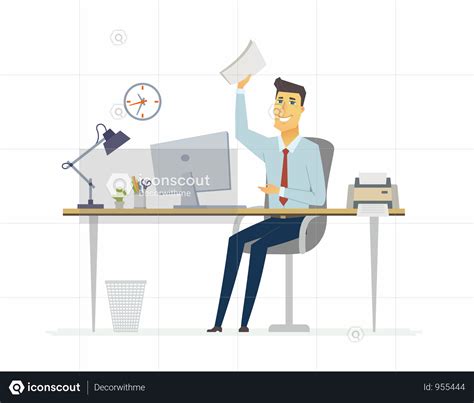 Best Premium Happy Office Worker Working On Desk Illustration Download