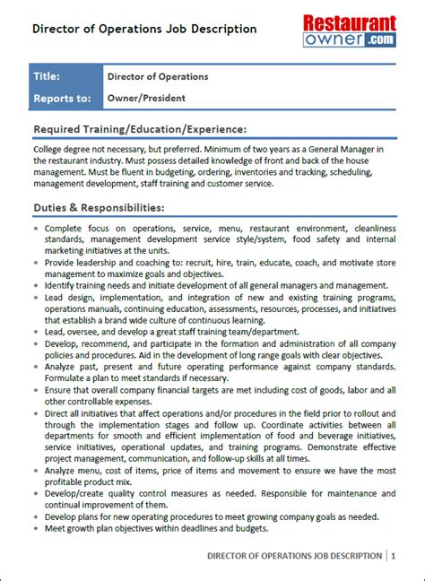 Leads planning and forecasting activities with business partners to achieve business and company goals. Director of Operations Job Description