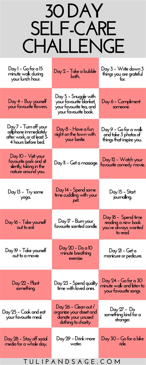 30 Day Self Care Challenge Printable Tulip And Sage Self Care Activities Self Care Self Help