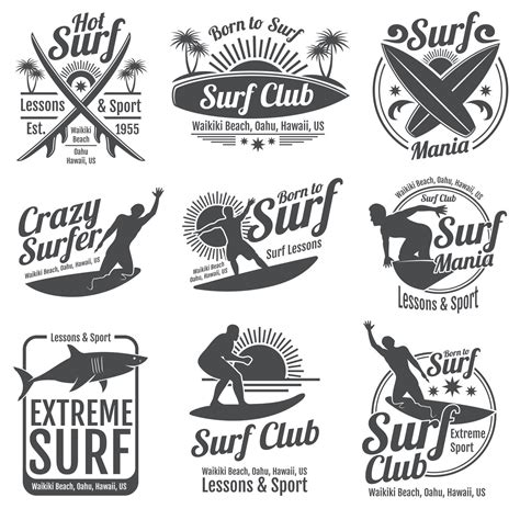 Surfing Club Vector Vintage Emblems Surf Board On Wave Signs By