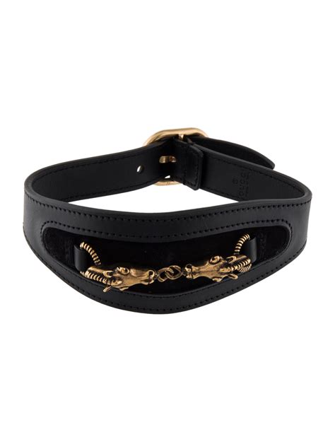 Gucci Leather And Suede Choker Necklace Black Gold Tone Metal Choker