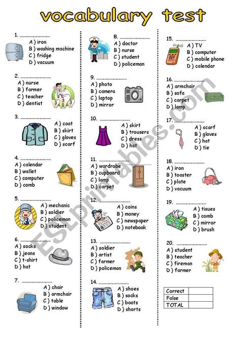 Vocabulary Test For Elementary Esl Worksheet By Bburcu Vocabulary