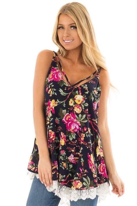 Lime Lush Boutique Navy Floral Sleeveless Top With Lace Hem 3899