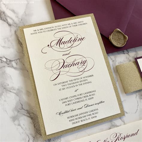 Burgundy And Gold Wedding Invitation With Glitter Belly Band — Cz