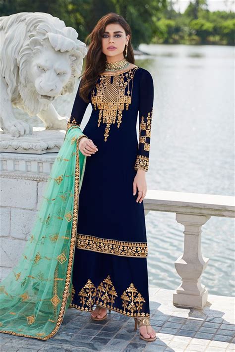 Navy Blue Embroidered Palazzo Suit With Contrast Dupatta Salwar Kameez Designer Collection