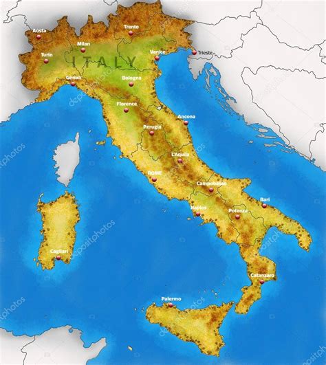 Włochy posiadają ponad 150 miast, w których ludność przekracza 50 000 mieszkańców. Mapa fizyczna Włochy ilustracji — Zdjęcie stockowe ...