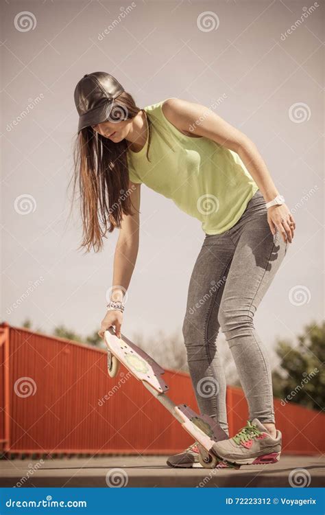 Teen Girl Skater Riding Skateboard On Street Stock Photo Image Of