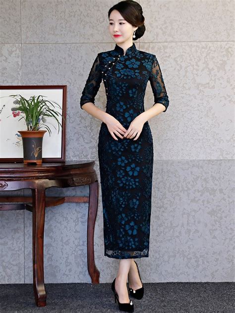 Blue Floral Mother S Velvet Long Qipao Cheongsam Dress Cozyladywear