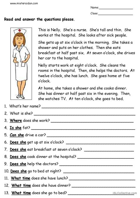 Nelly The Nurse Reading Comprehens English ESL Worksheets Pdf Doc