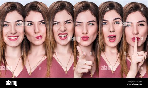 Set Of Young Woman With Different Expressions Stock Photo Alamy