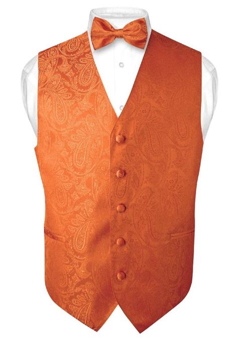 Mens Paisley Design Dress Vest And Bow Tie Burnt Orange Color Bowtie Set