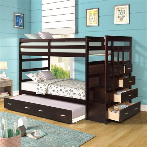 harperandbright designs twin over twin wood bunk bed with trundle and storage drawers multiple