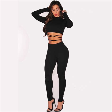Women Long Sleeve Lace Up Crop Top And Bodycon Pants 2 Piece Set Tracksuit Ladies Sexy Club