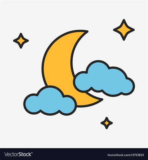 Moon With Stars And Clouds Linear Style Royalty Free Vector