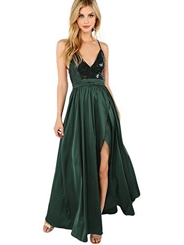 Shein Womens Sexy Satin Deep V Neck Backless Maxi Party Evening Dress Sequin Green Small 2019