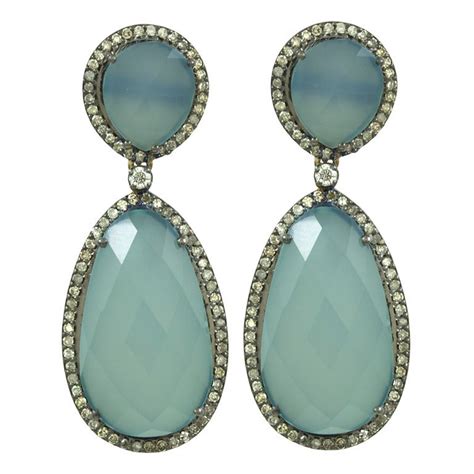Double Hanging Calcedony And Diamond Earrings At 1stdibs