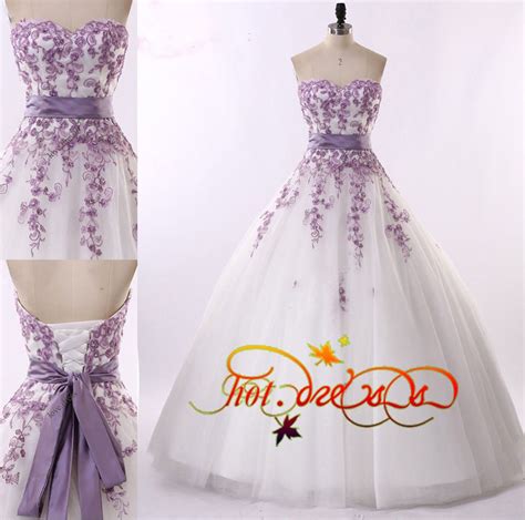 Stock White And Purple Wedding Dresses Bridal Gowns 6 8 10 12 14 16 18