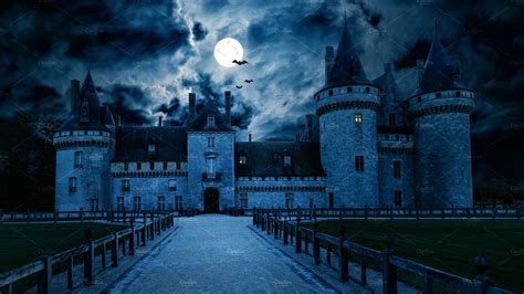 Haunted Gothic Castle At Night Holiday Stock Photos ~ Creative Market
