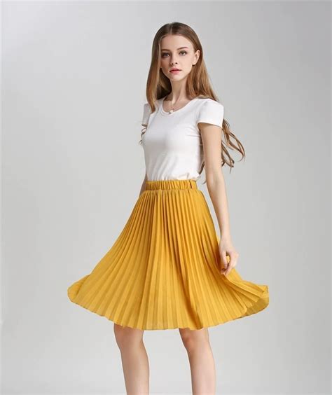 Black Knee Length High Elastic Waist Pleated Women Skirt Casual Spring Summer Skirts