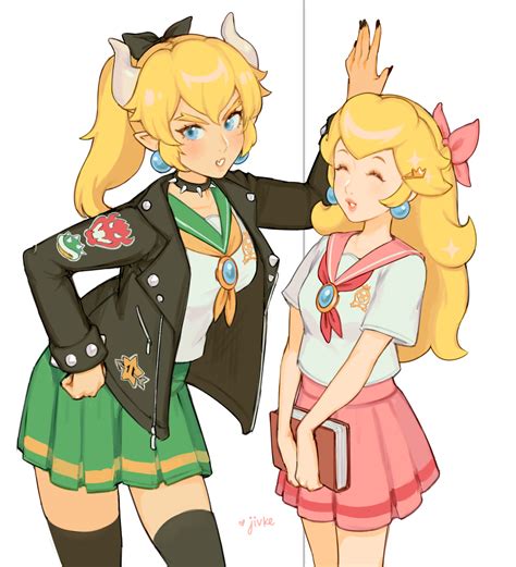 Safebooru 2girls Black Bow Blonde Hair Bow Bowsette Closed Eyes Curly