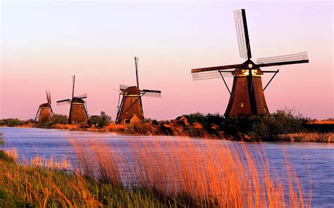 River Windmills Building Nature Landscape Sunset Sky Wallpapers