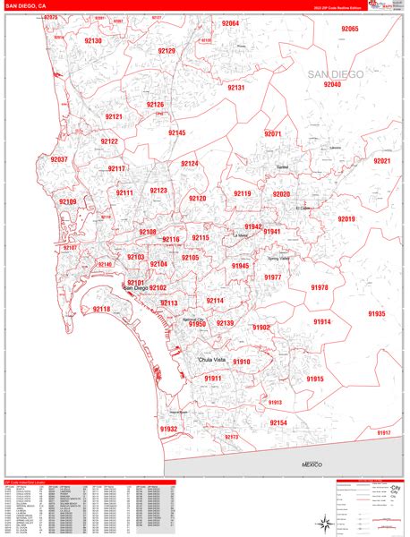 San Diego California Zip Code Wall Map Red Line Style By Marketmaps