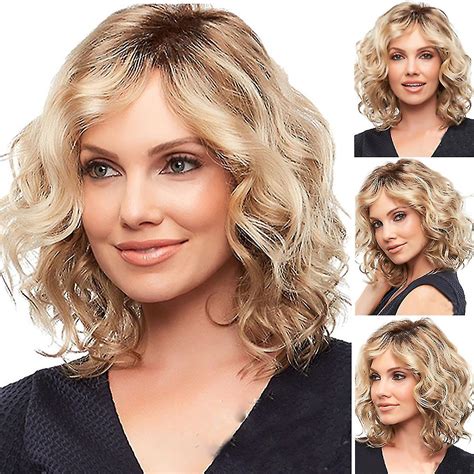 Hmwy Women Blonde Synthetic Wig Middle Short Curly Wavy Hair Wigs