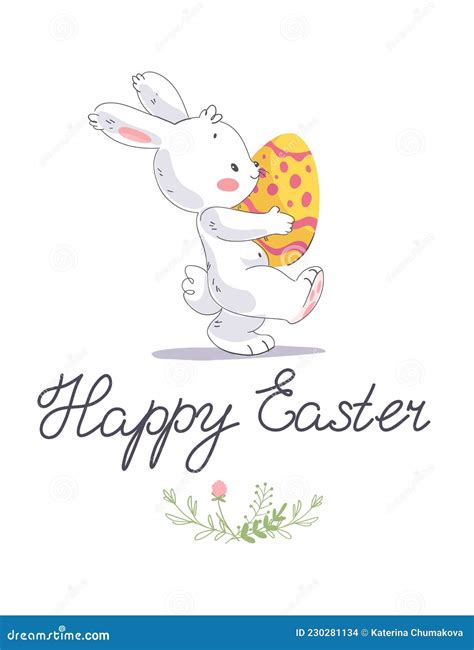 Easter Congratulation Card With Cute White Bunny Holiday Hand Written Congratulation And Easter