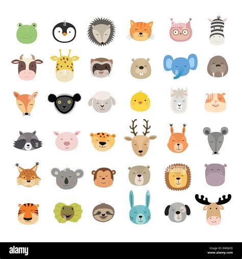 Big Set Of Cute Animal Faces Hand Drawn Characters Vector