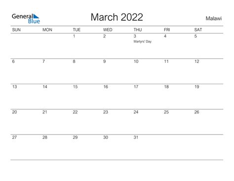 Malawi March 2022 Calendar With Holidays