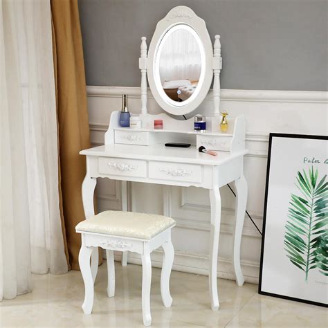 Drawer chests are on sides. White Makeup Vanity Table Set with Lights Led Mirror and 4 Drawers Dressing Desk | eBay