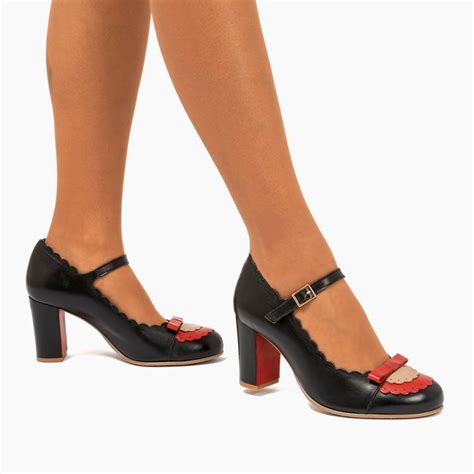 Penelope Black Red And Beige Retro Style Leather Heels