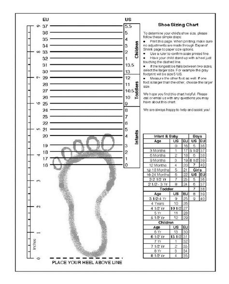 Printable Shoe Size Chart Adult 1 Sovereign Lake Nordic Centre