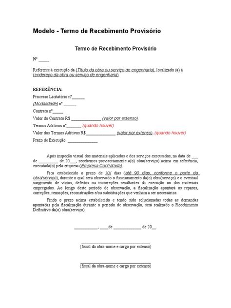 Modelo Termo Recebimento Provis¦rio