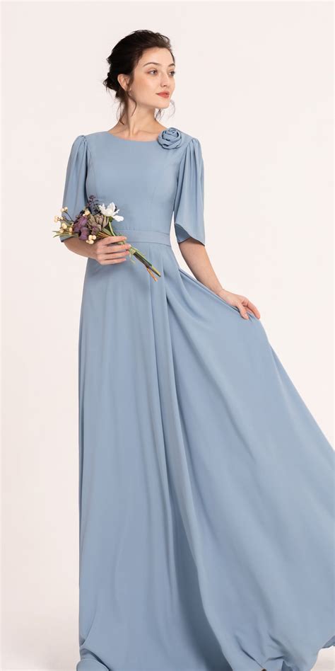 Steel Blue Modest Bridesmaid Dresses With Elbow Sleeves In 2021 Modest Bridesmaid Dresses Long