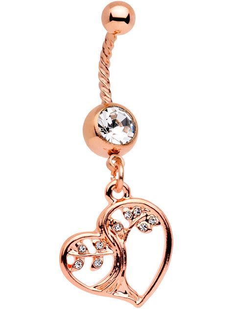 Body Candy 14g Rose Gold Tone Pvd Steel Navel Ring Piercing Tree Heart Dangle Belly Button Ring