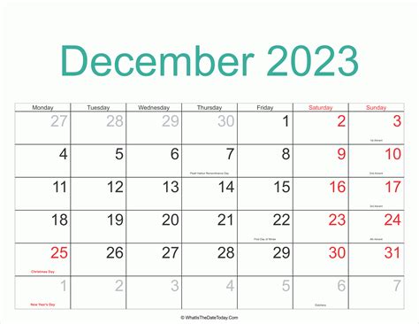 December 2023 Calendar Printable With Holidays Whatisthedatetodaycom
