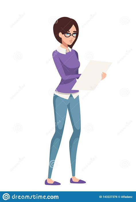 Beaty Women In Glasses Standing And Hold White Paper List Cartoon