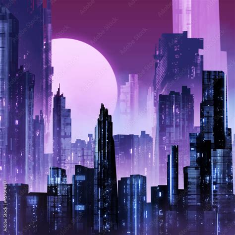 Artwok Illustration Of Futuristic Sci Fi Cityscape With Neon Lights In