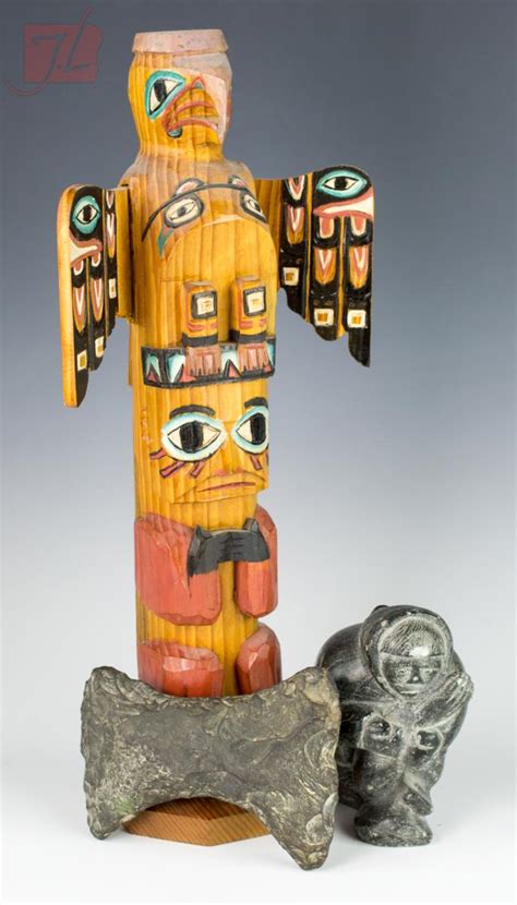 3 Pc Signed Carved Totem Pole And Inuit Figure Lot