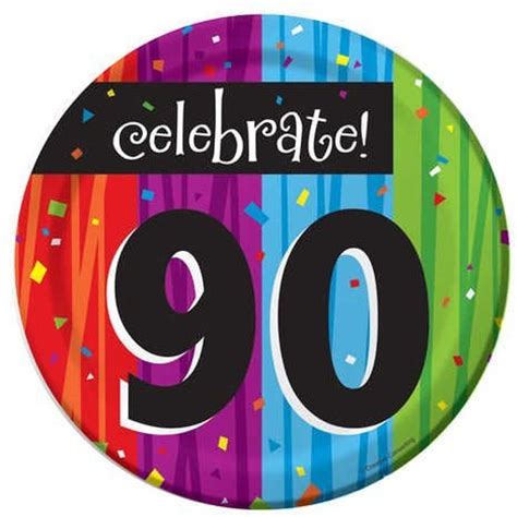 A Colorful 90th Birthday Party Badge With Confetti And Streamers On It