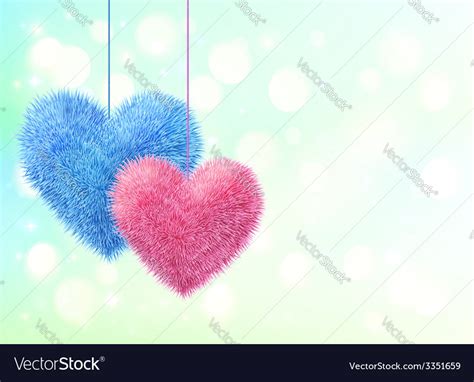 Blue And Pink Fluffy Hearts Pair On Blue Bokeh Vector Image