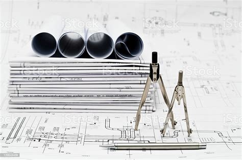 Engineering Instruments And Working Drawings Stock Photo Download