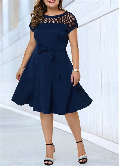 Plus Size Bowknot Embellished Short Sleeve Navy Blue Dress Usd  In 2020 Navy